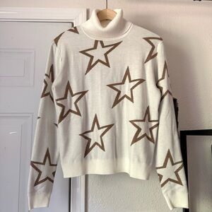 THE NOLI SHOP white‎ olive stars turtleneck long sleeve pullover sweater
